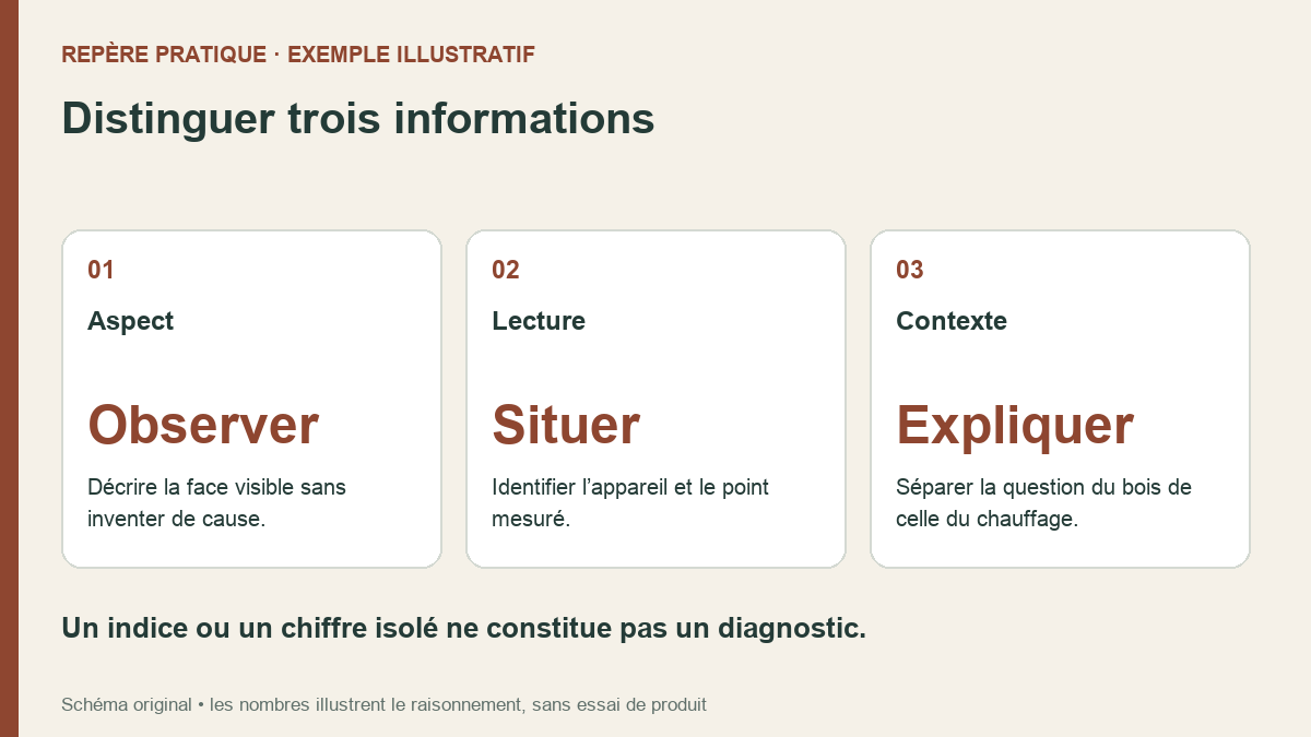Distinguer trois informations : Aspect — Décrire la face visible sans inventer de cause. ; Lecture — Identifier l’appareil et le point mesuré. ; Contexte — Séparer la question du bois de celle du chauffage.